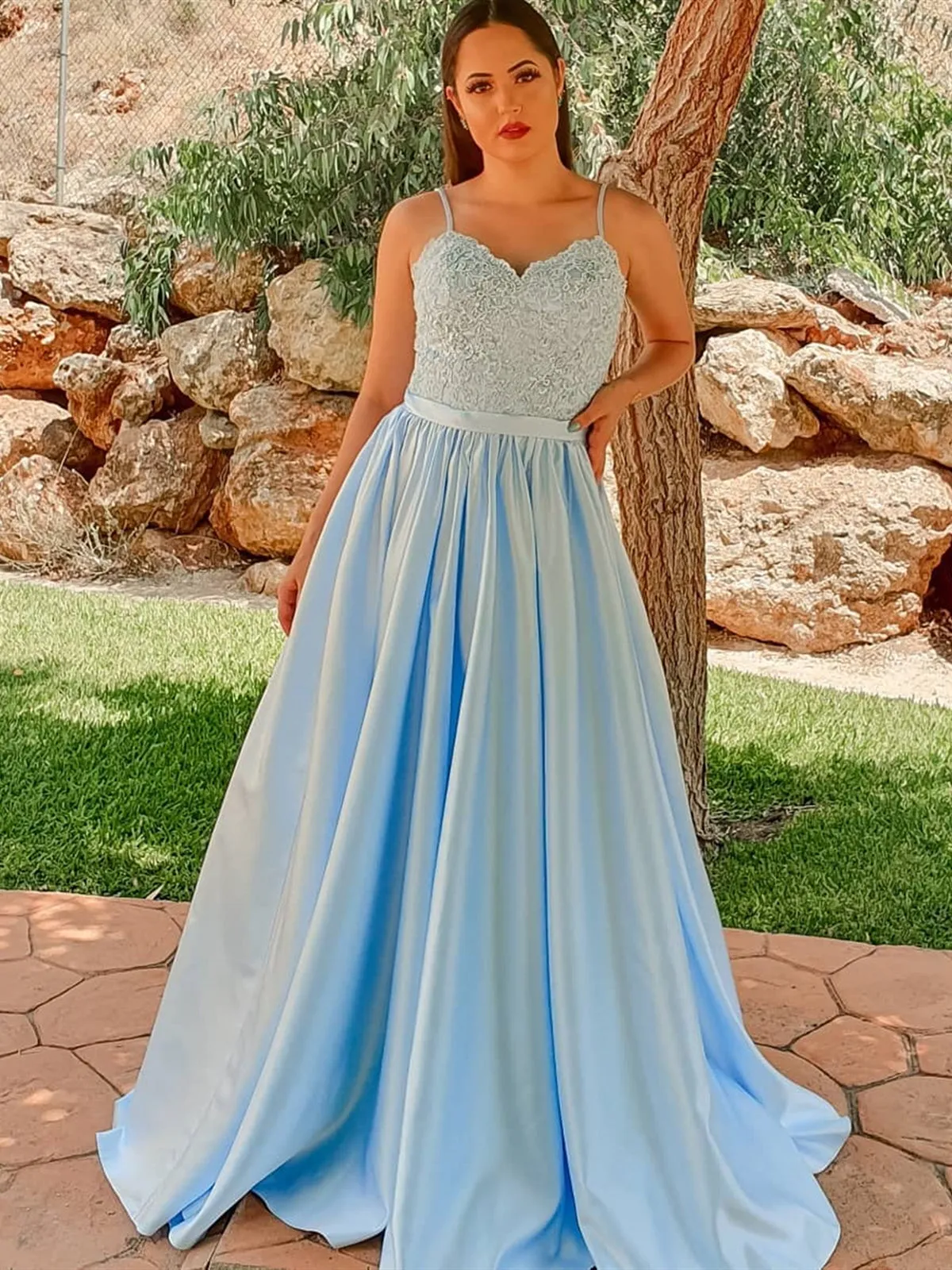 A Line Light Blue Lace Long Prom with Slit, Light Blue Lace Formal, Light Blue Evening