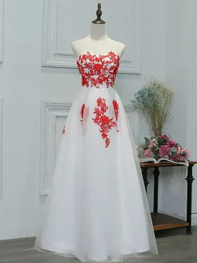 A Line Round Neck Red Lace Appliques White Prom, Lace White Formal, Lace Appliques White Graduation