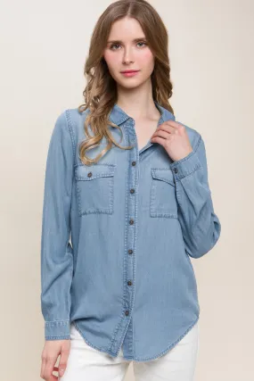 Alicia Scooped Hem Button Up Denim Shirt