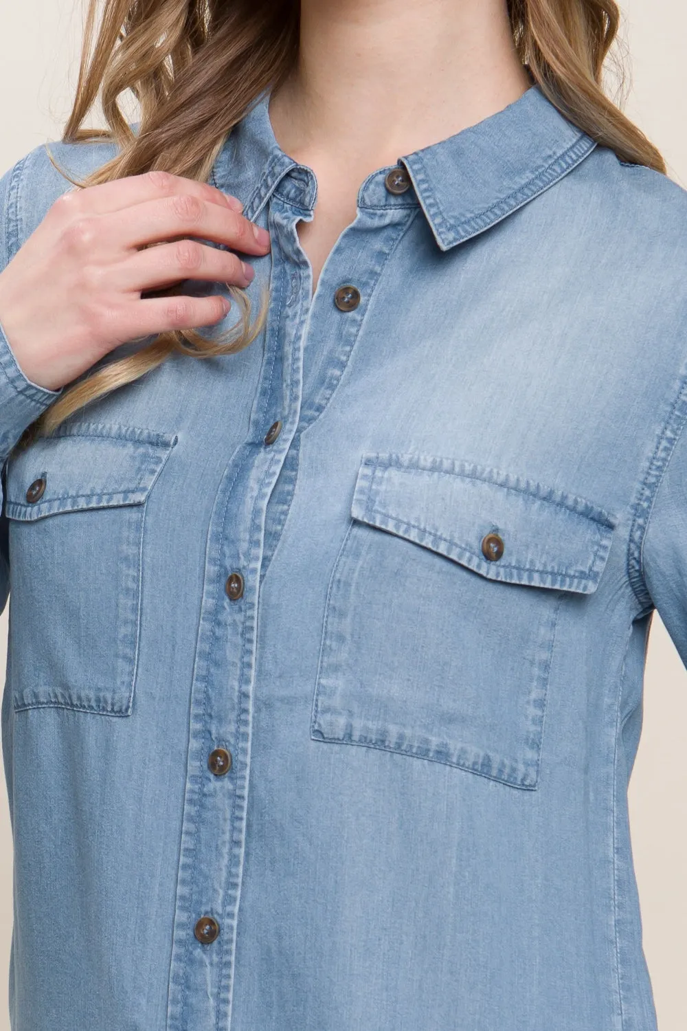 Alicia Scooped Hem Button Up Denim Shirt