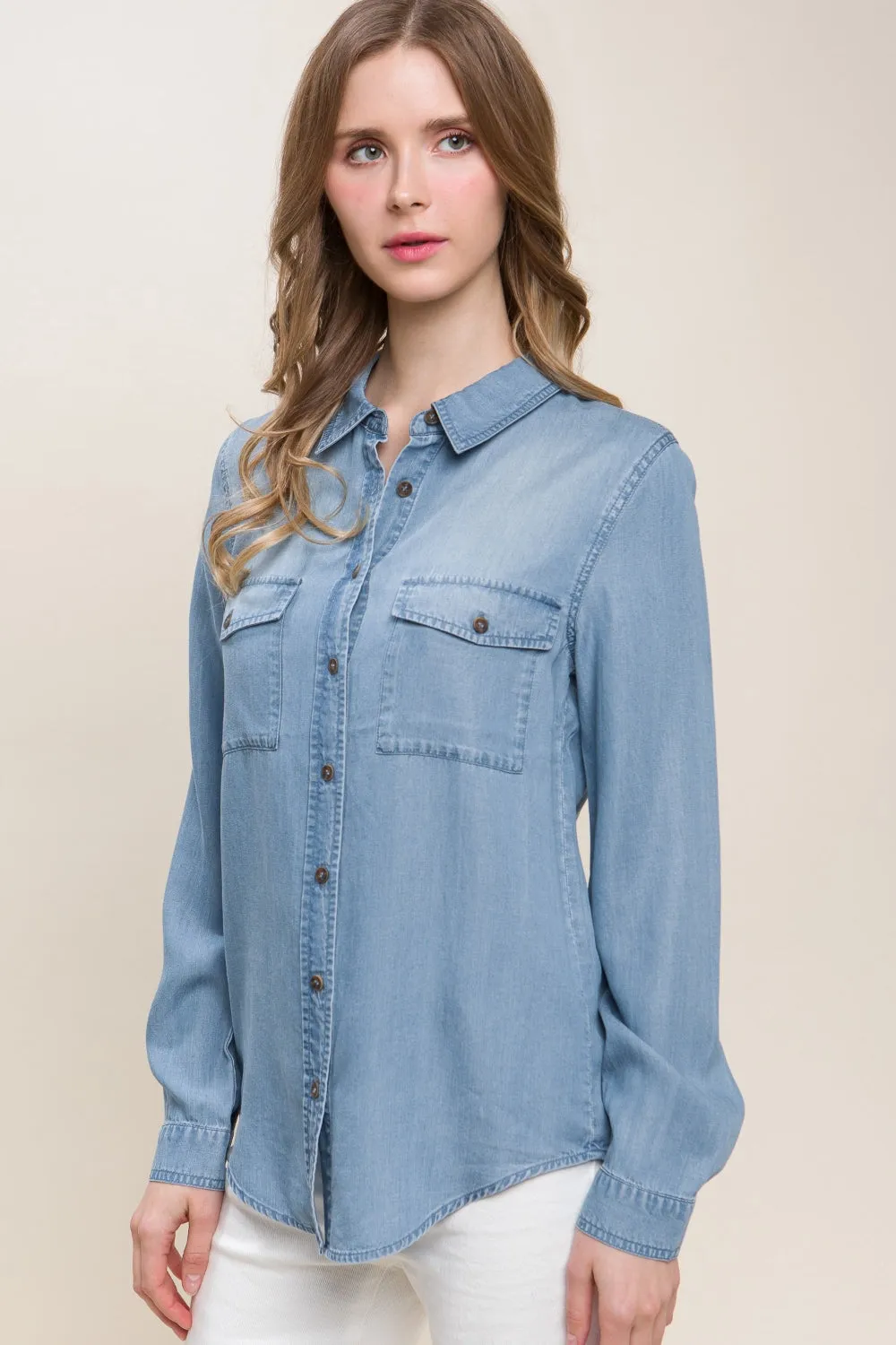 Alicia Scooped Hem Button Up Denim Shirt