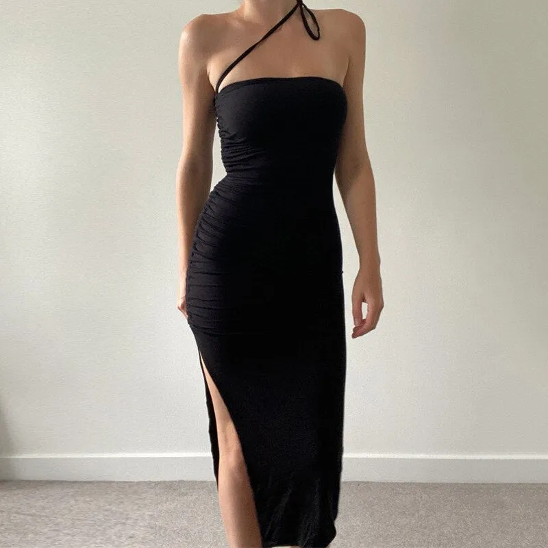 Amozae-Aomzae Halter Drawstring Ruched Bodycon Dress   Slit Tight Midi Dress Women Summer Strapless Tube Dress Party Club Wear Black White