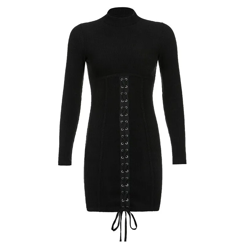 Amozae--hoco dresses  Tie Up Bandage Black Bodycon Dress Autumn Basic Long Sleeve Knitted Mini Dresses Ladies Skinny Casual Winter Fashion