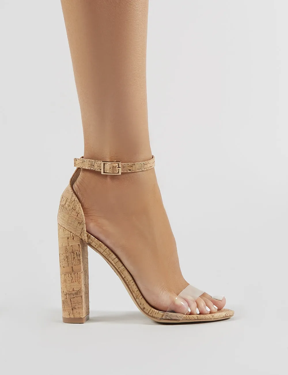 Ana Clear Perspex Strap Barely There Heels in Cork