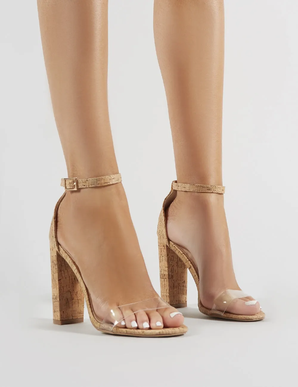 Ana Clear Perspex Strap Barely There Heels in Cork