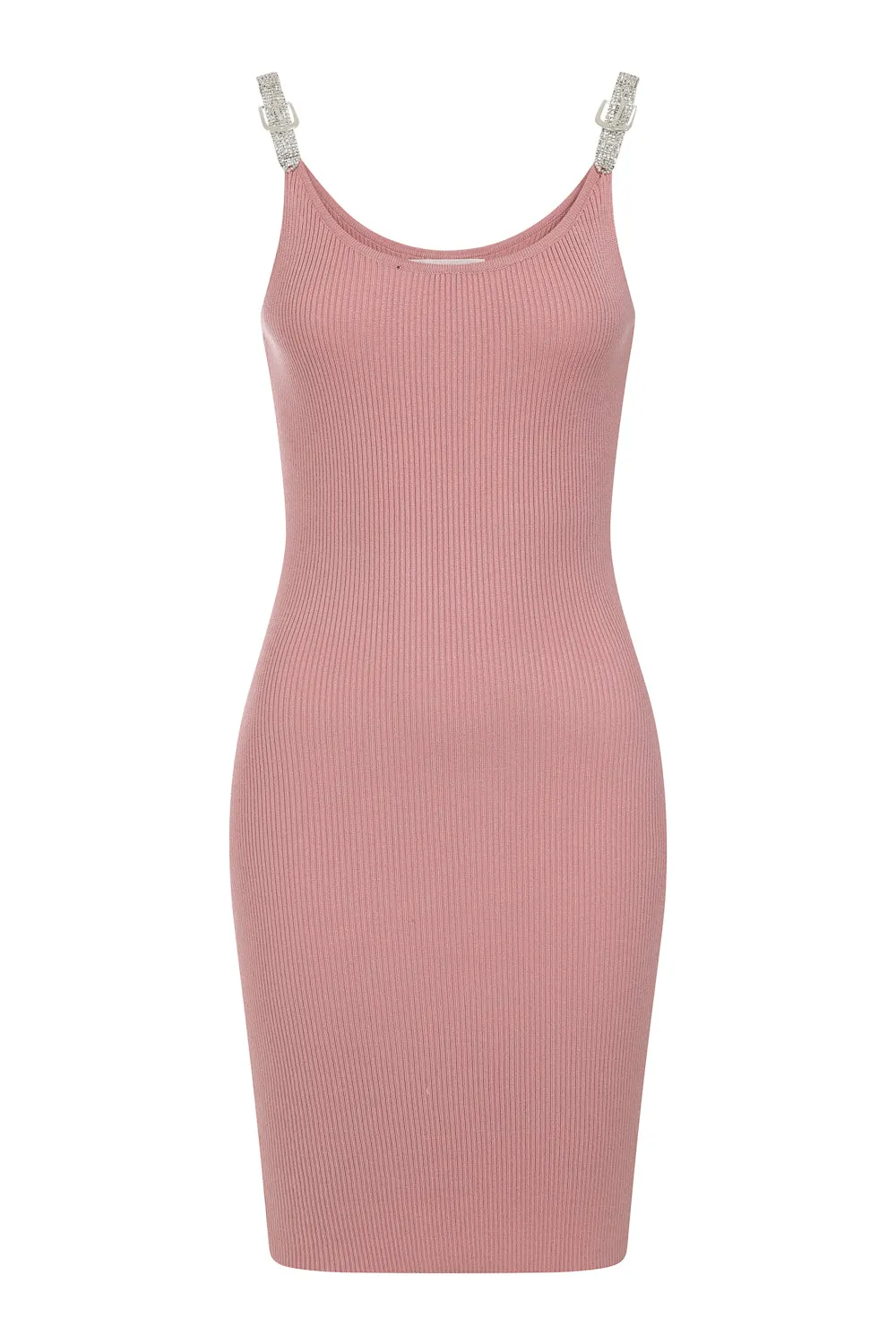 Angelina Dusty Pink Diamonte Strap Ribbed Pencil Midi Bodycon Dress