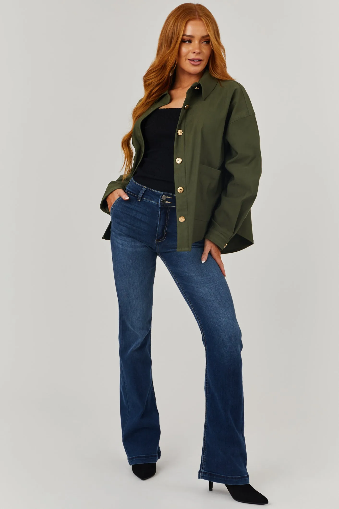 Army Green Oversized Long Sleeve Button Up Shacket