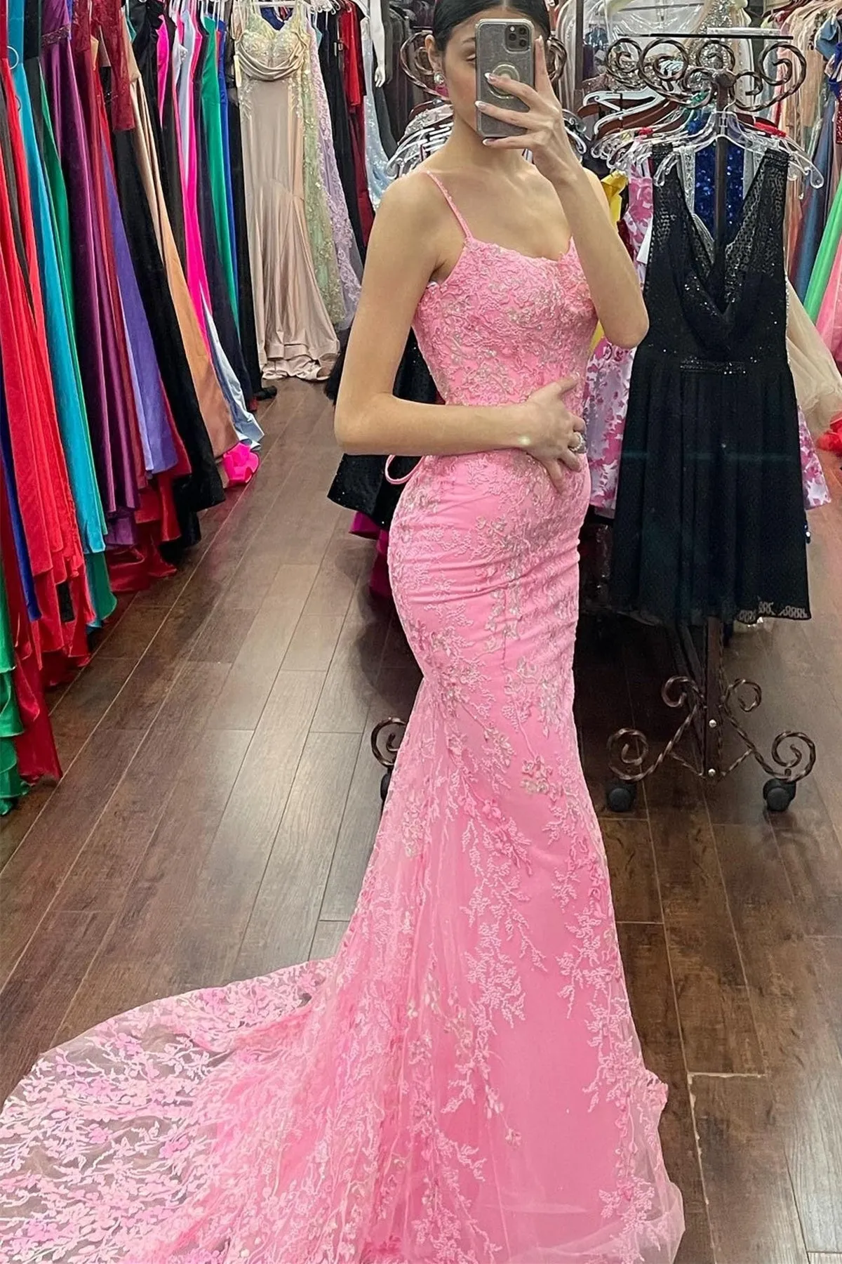 Backless Mermaid Pink Lace Long Prom Dress, Mermaid Pink Formal Dress, Pink Lace Evening Dress A1485