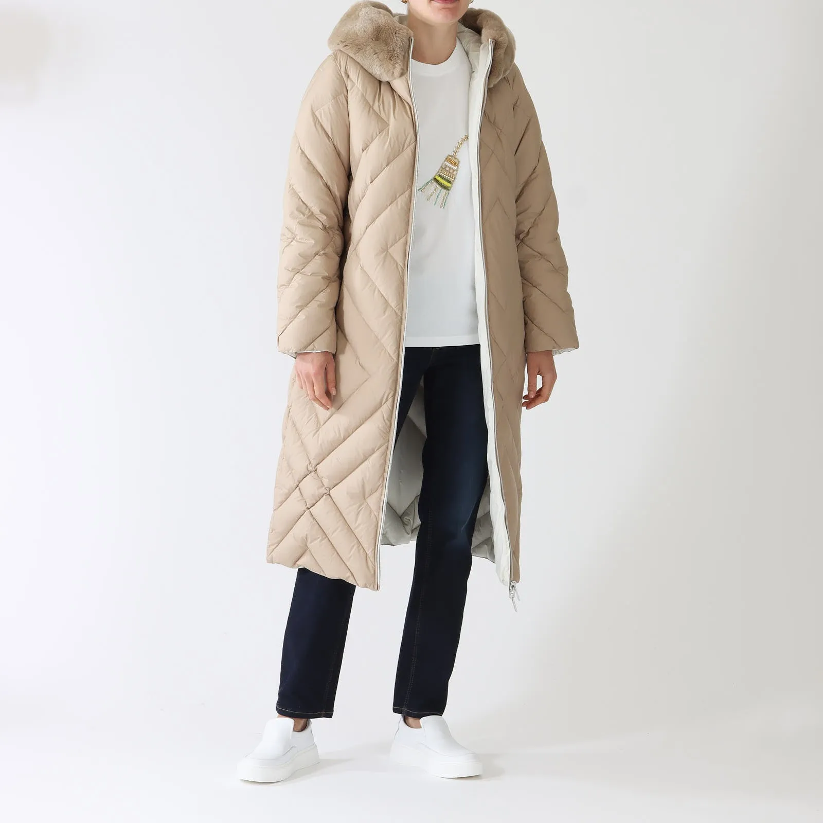 Beige Reversible Diamond Quilted Long Coat