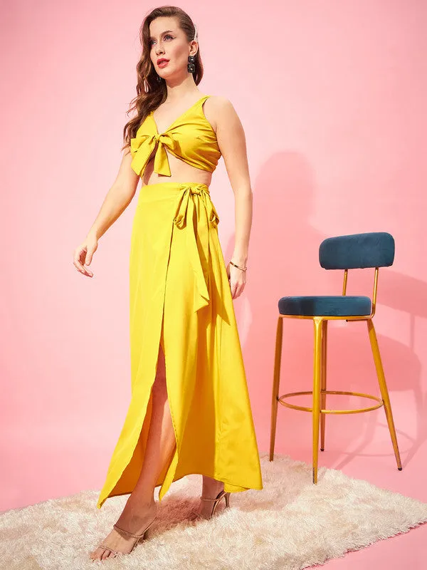 Berrylush Women Solid Yellow V-Neck Front & Waist Tie-Up Sleeveless Cropped Top & Wrap Maxi Skirt Co-Ord Set