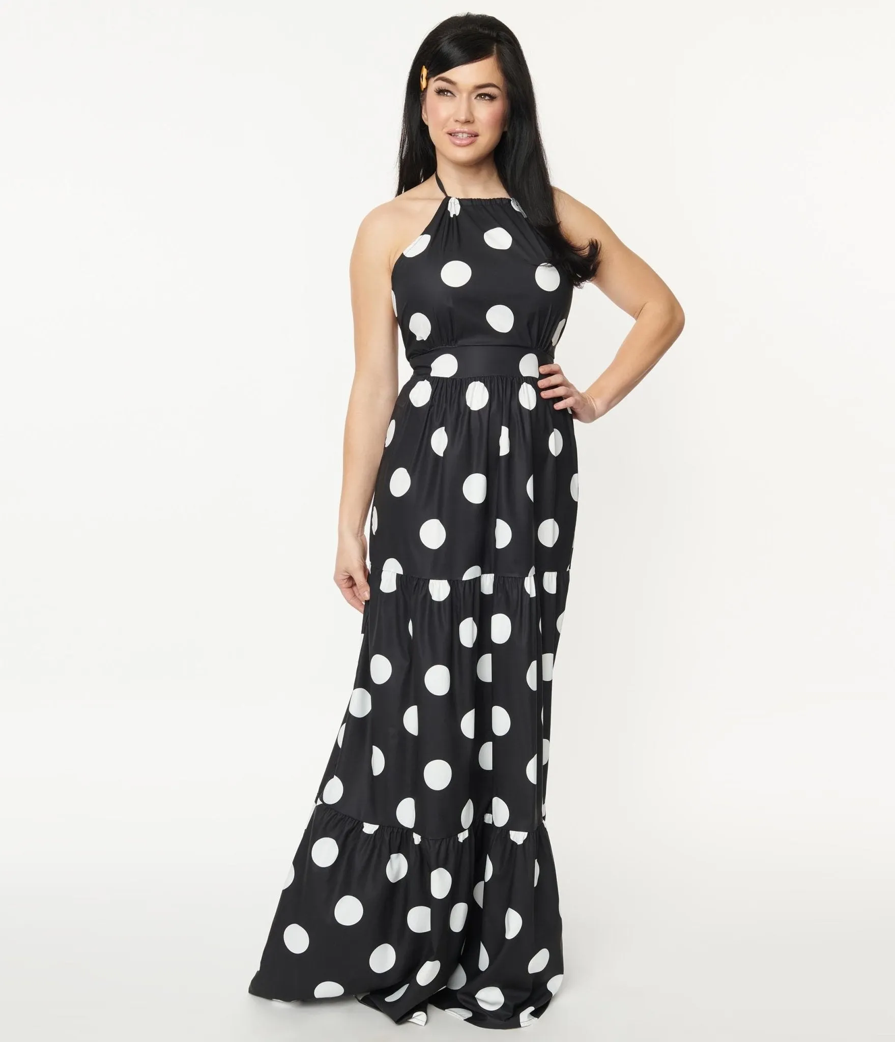 Black & White Polka Dot Halter Maxi Dress