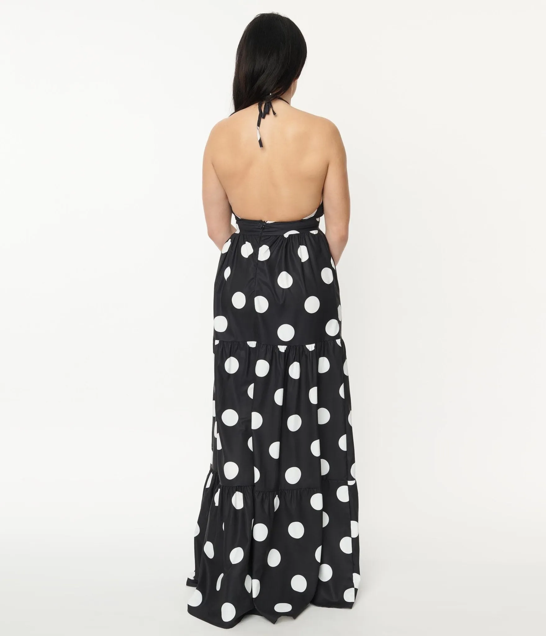 Black & White Polka Dot Halter Maxi Dress