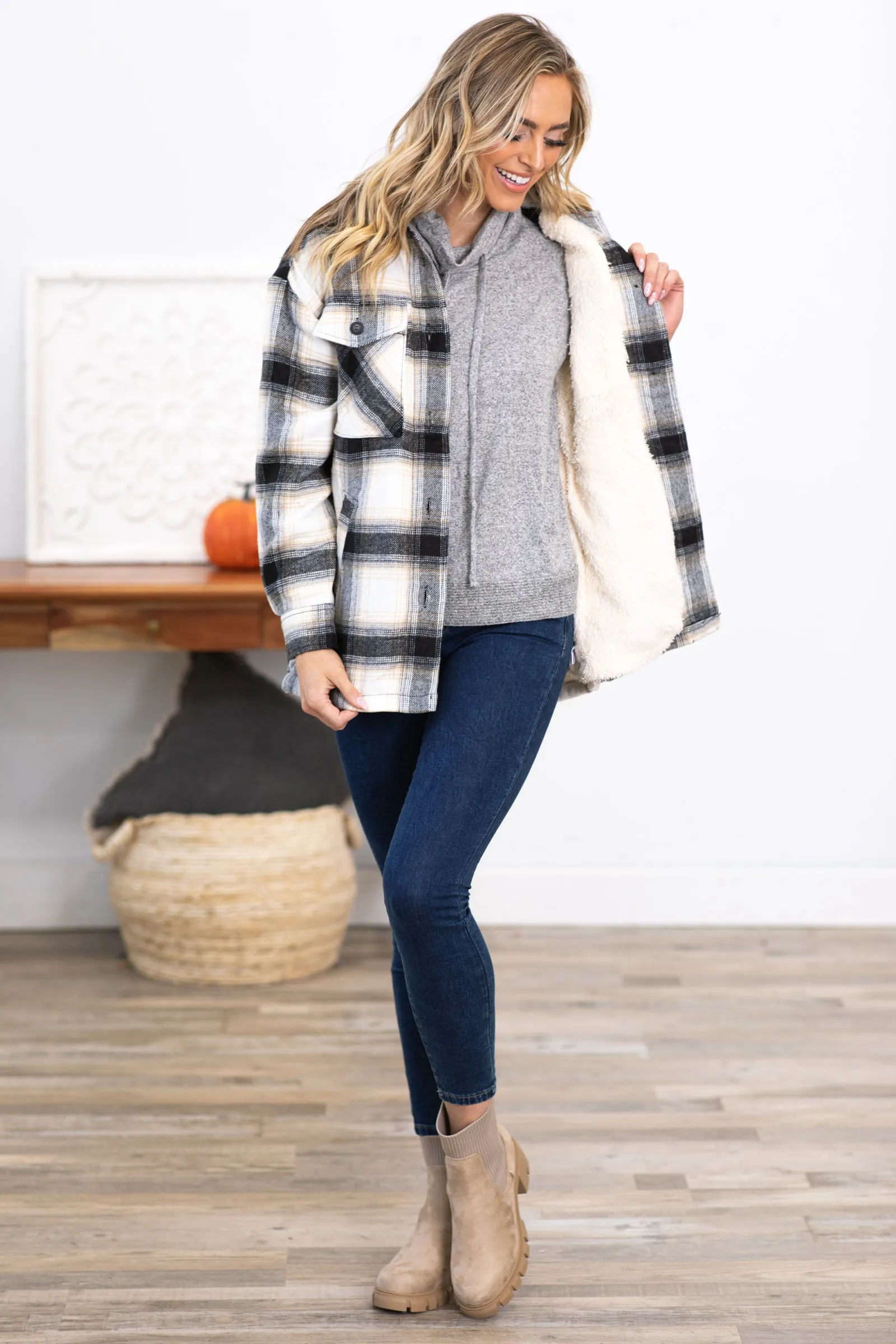 Black and Ivory Plaid Sherpa Lined Shacket