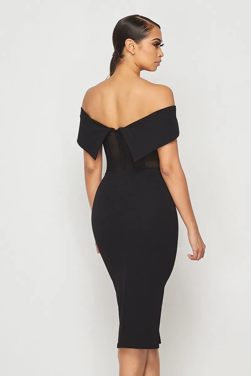 Black Mesh Hook & Eye Off Shoulder Bodycon Midi Dress