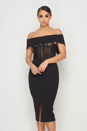 Black Mesh Hook & Eye Off Shoulder Bodycon Midi Dress