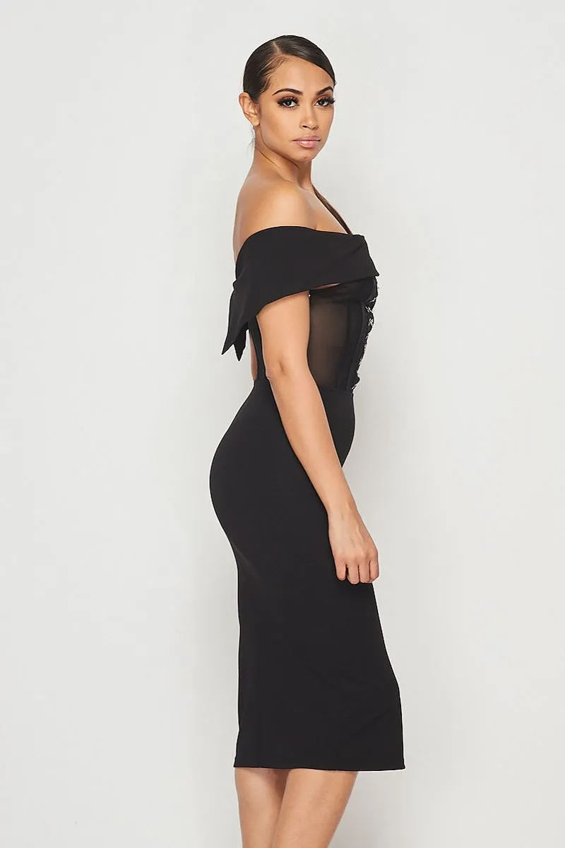 Black Mesh Hook & Eye Off Shoulder Bodycon Midi Dress