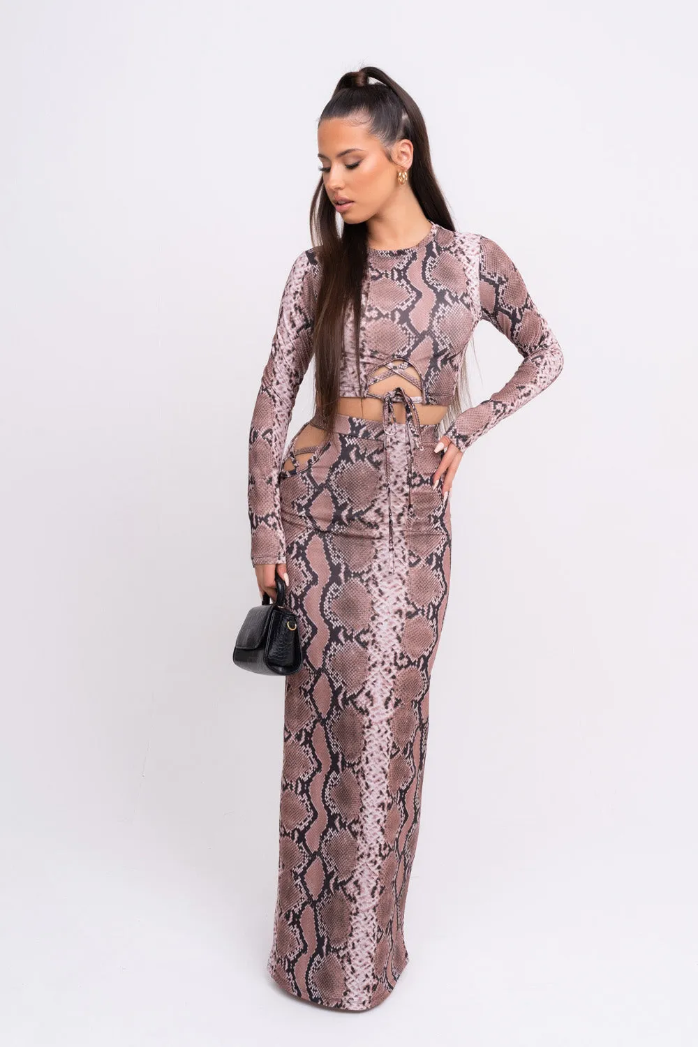 Blowing Hisses Snakeskin Print Cut Out Long Sleeve Maxi Skirt Two Piece Co ord Set