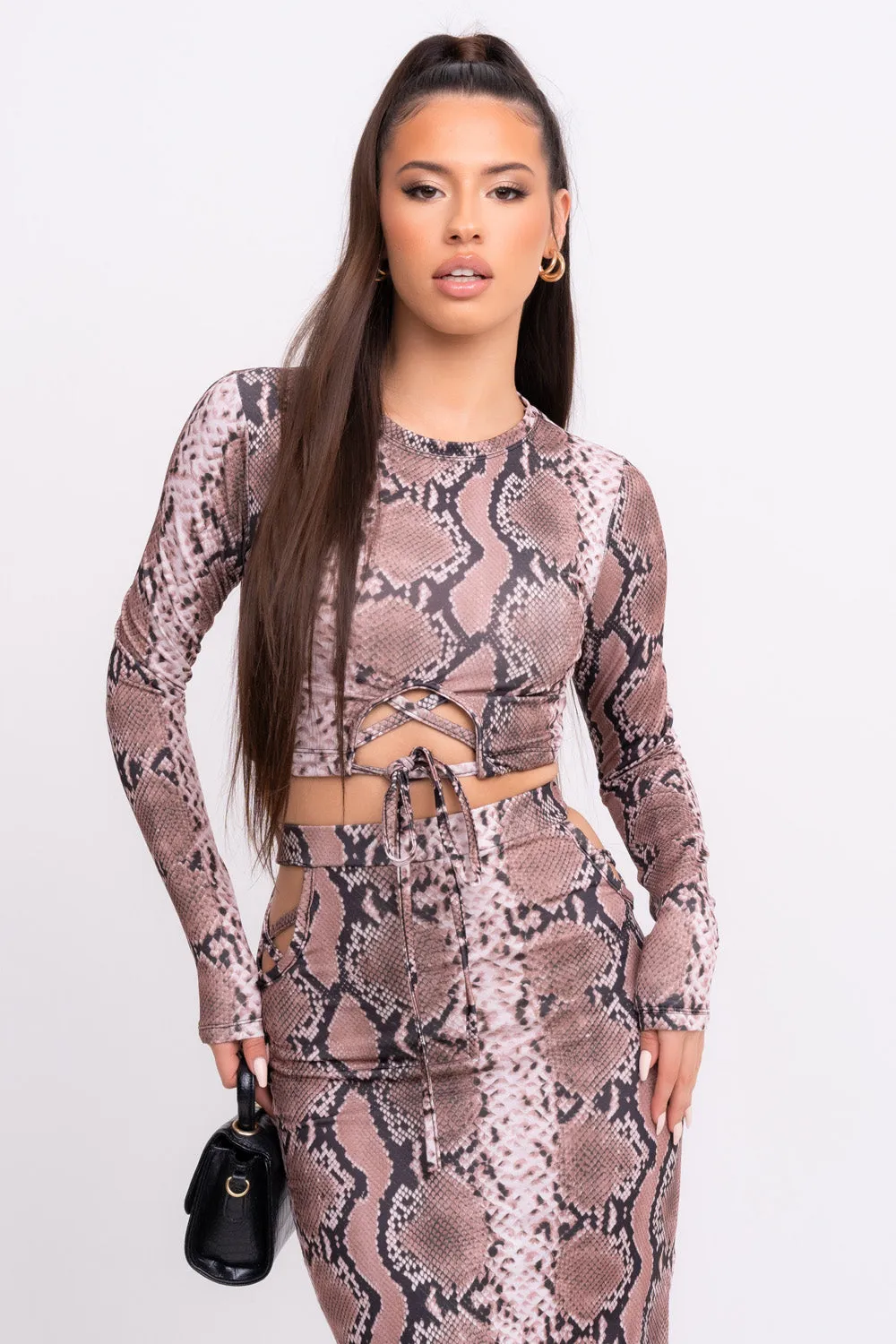 Blowing Hisses Snakeskin Print Cut Out Long Sleeve Maxi Skirt Two Piece Co ord Set