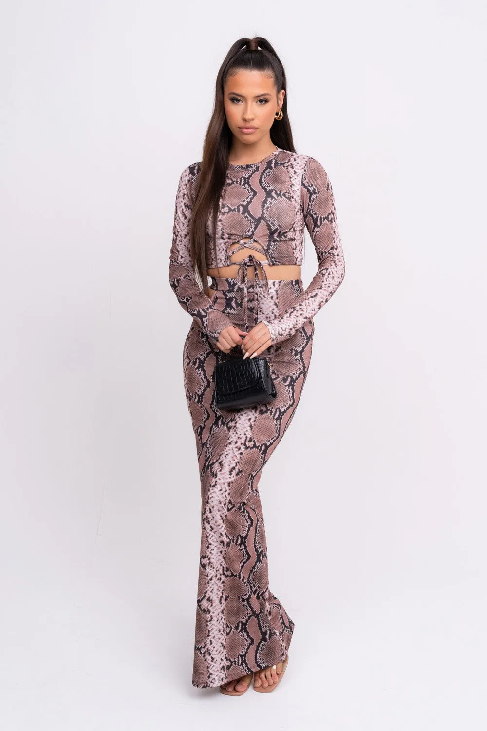 Blowing Hisses Snakeskin Print Cut Out Long Sleeve Maxi Skirt Two Piece Co ord Set