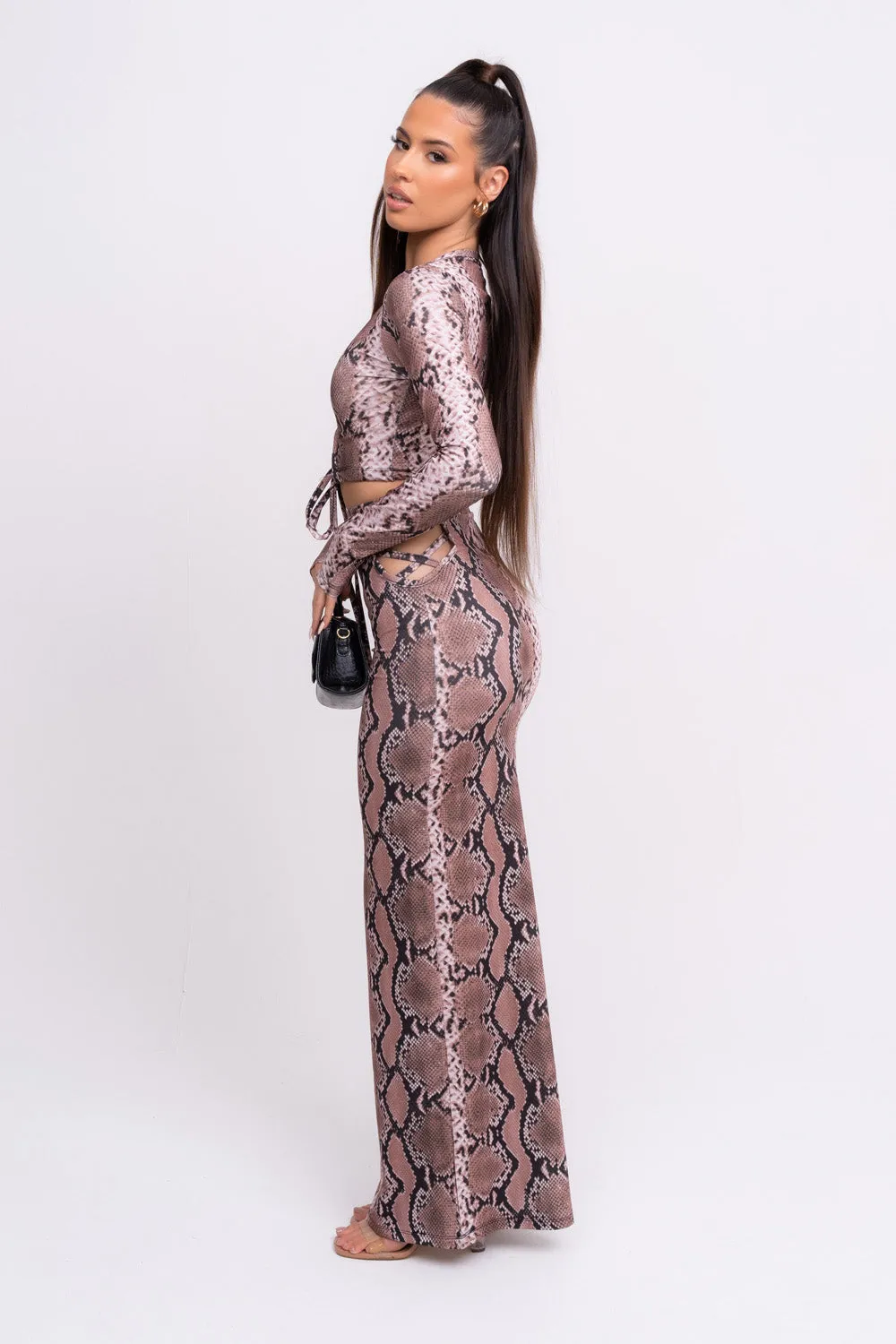 Blowing Hisses Snakeskin Print Cut Out Long Sleeve Maxi Skirt Two Piece Co ord Set