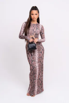 Blowing Hisses Snakeskin Print Cut Out Long Sleeve Maxi Skirt Two Piece Co ord Set