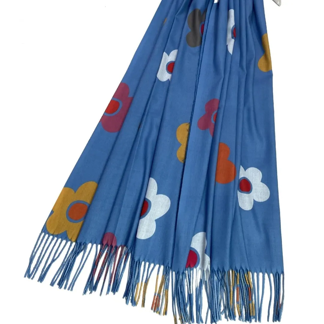 Blue Bold Daisy Tassel Scarf