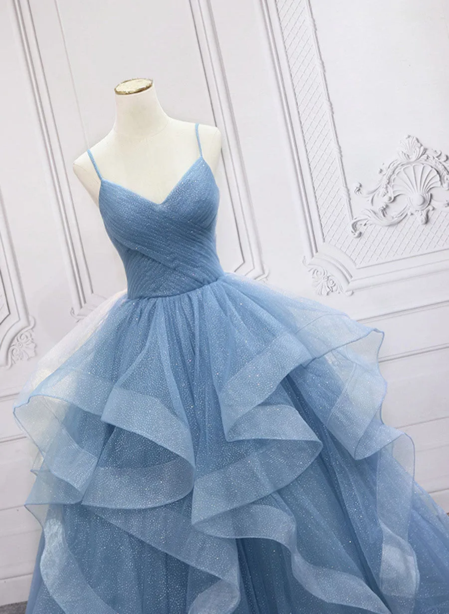 Blue Chic Tulle A-line Long Prom Dress, Blue Straps Formal Dress Party Dress