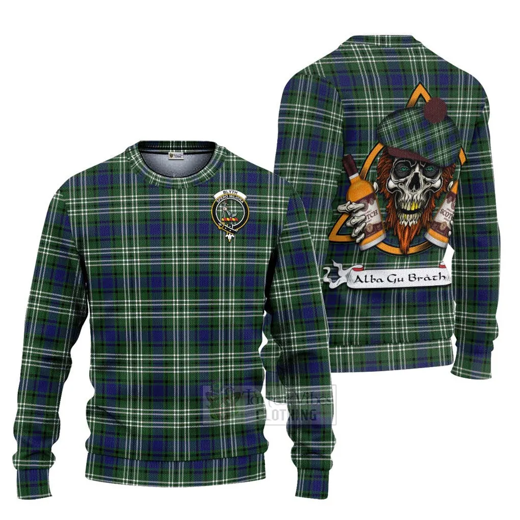 Blyth Tartan Ugly Sweater with Family Crest and Bearded Skull Holding Bottles of Whiskey