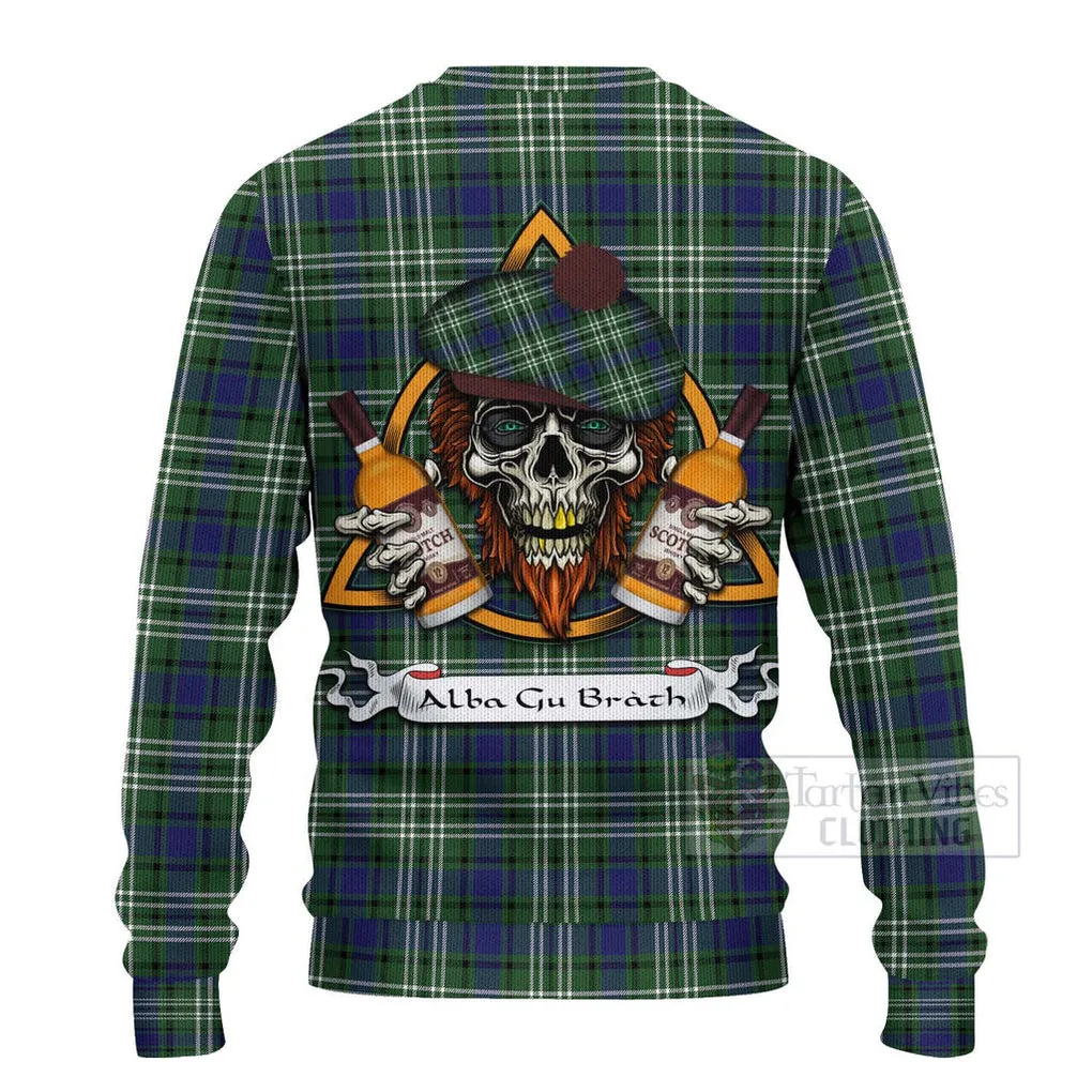 Blyth Tartan Ugly Sweater with Family Crest and Bearded Skull Holding Bottles of Whiskey