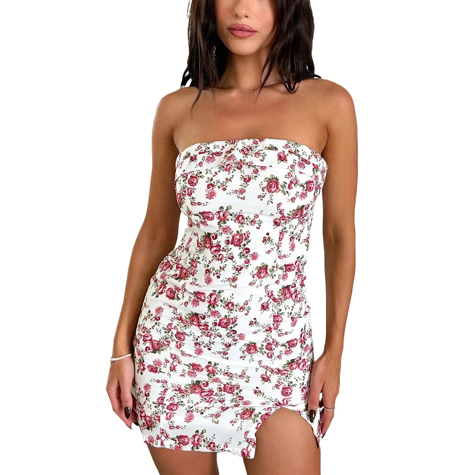 Bodycon Strapless Corset Mini Tube Ruched Sleeveless Sexy Cutout Off Shoulder Slit Hem Short Casual Floral Dress