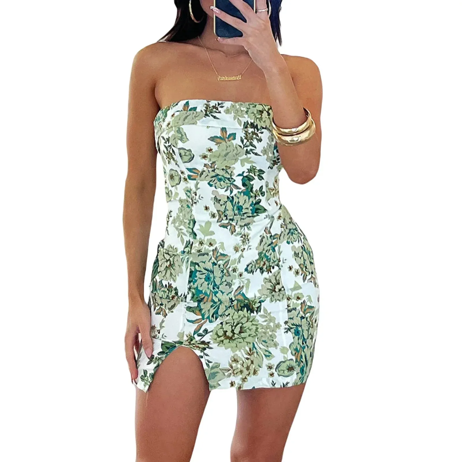 Bodycon Strapless Corset Mini Tube Ruched Sleeveless Sexy Cutout Off Shoulder Slit Hem Short Casual Floral Dress