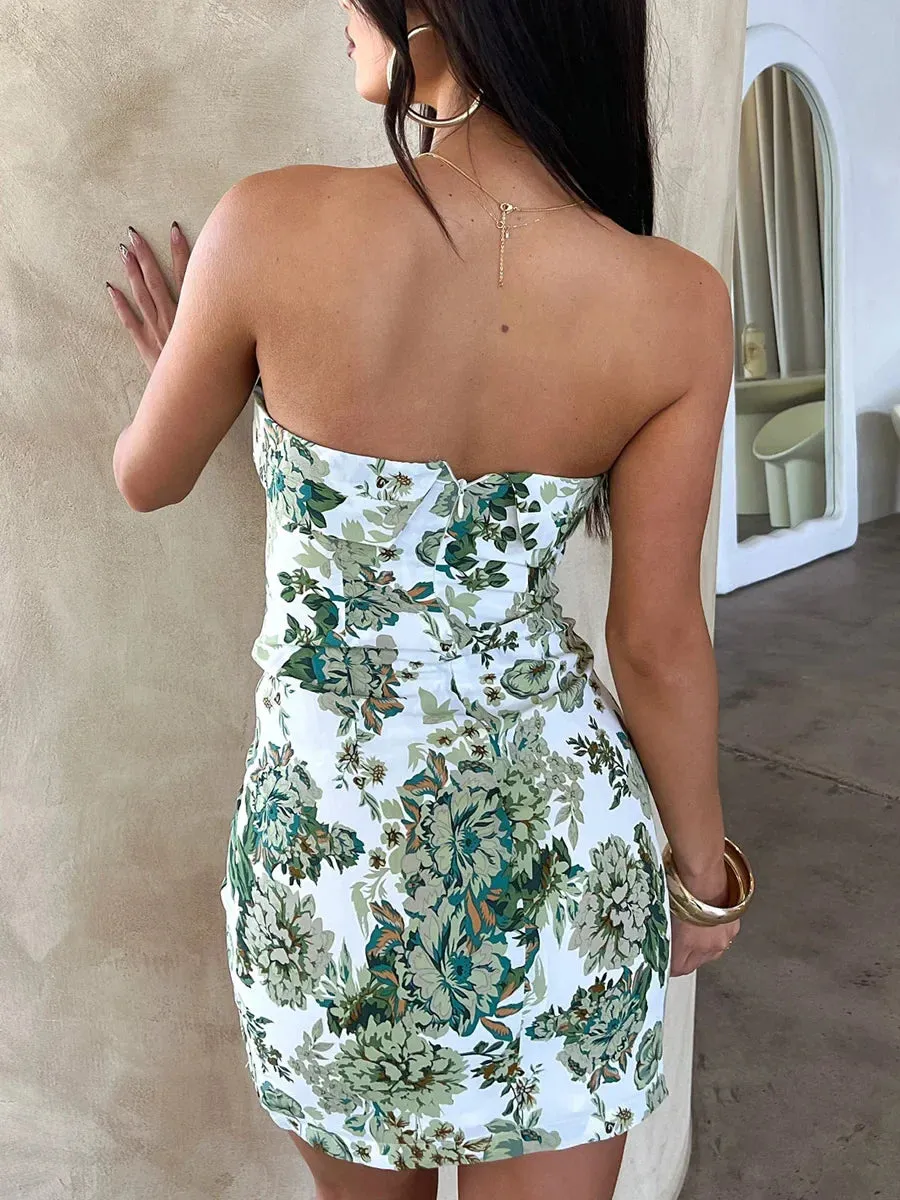 Bodycon Strapless Corset Mini Tube Ruched Sleeveless Sexy Cutout Off Shoulder Slit Hem Short Casual Floral Dress