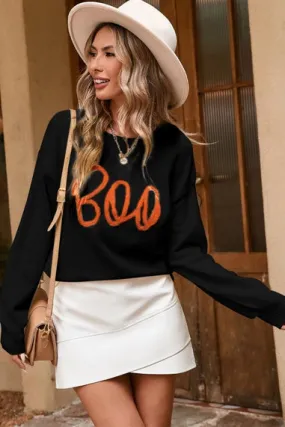 Boo Knitted Pattern Ribbed Edge Sweater