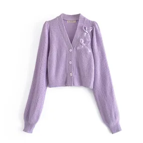 Bow embroidery V-neck knit cardigan  7293