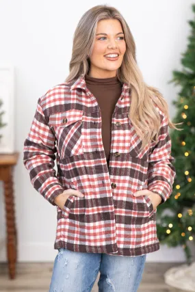 Brown and Rust Plaid Sherpa Lined Shacket