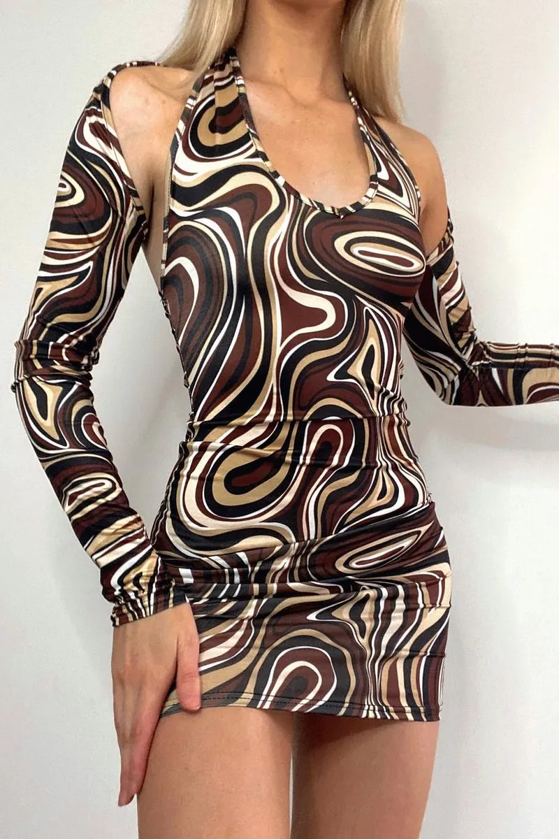 Brown Marble Print Cut Out Long Sleeve Mini Dress - Dezlyn