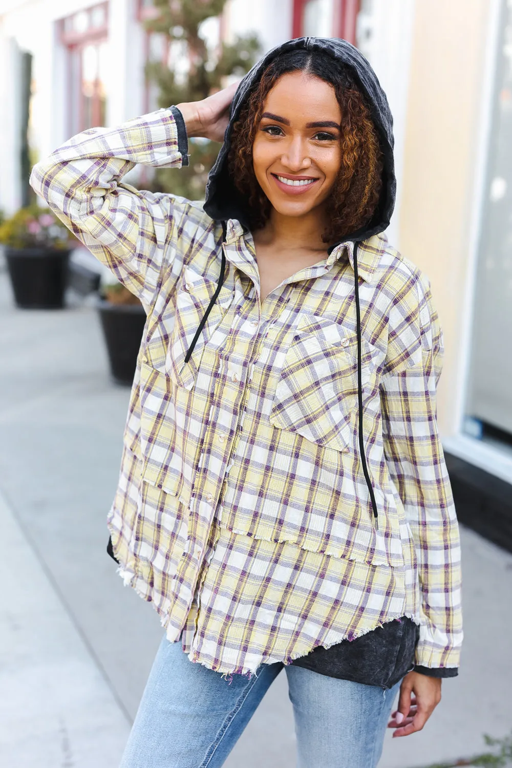 Casual Living Taupe & Yellow Plaid Two Fer Shacket Hoodie