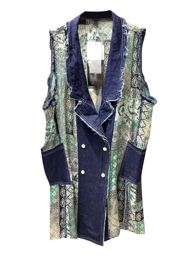 Casual Printing Waistcoats For Women Notched Collar Sleeveless Patchwork Pockets Vintage Waistcoat Female Clothing