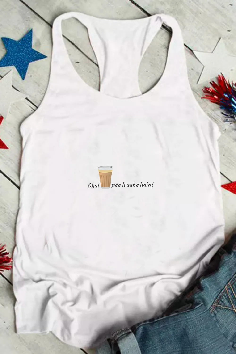 Chai Tee Print Whte Tank Top