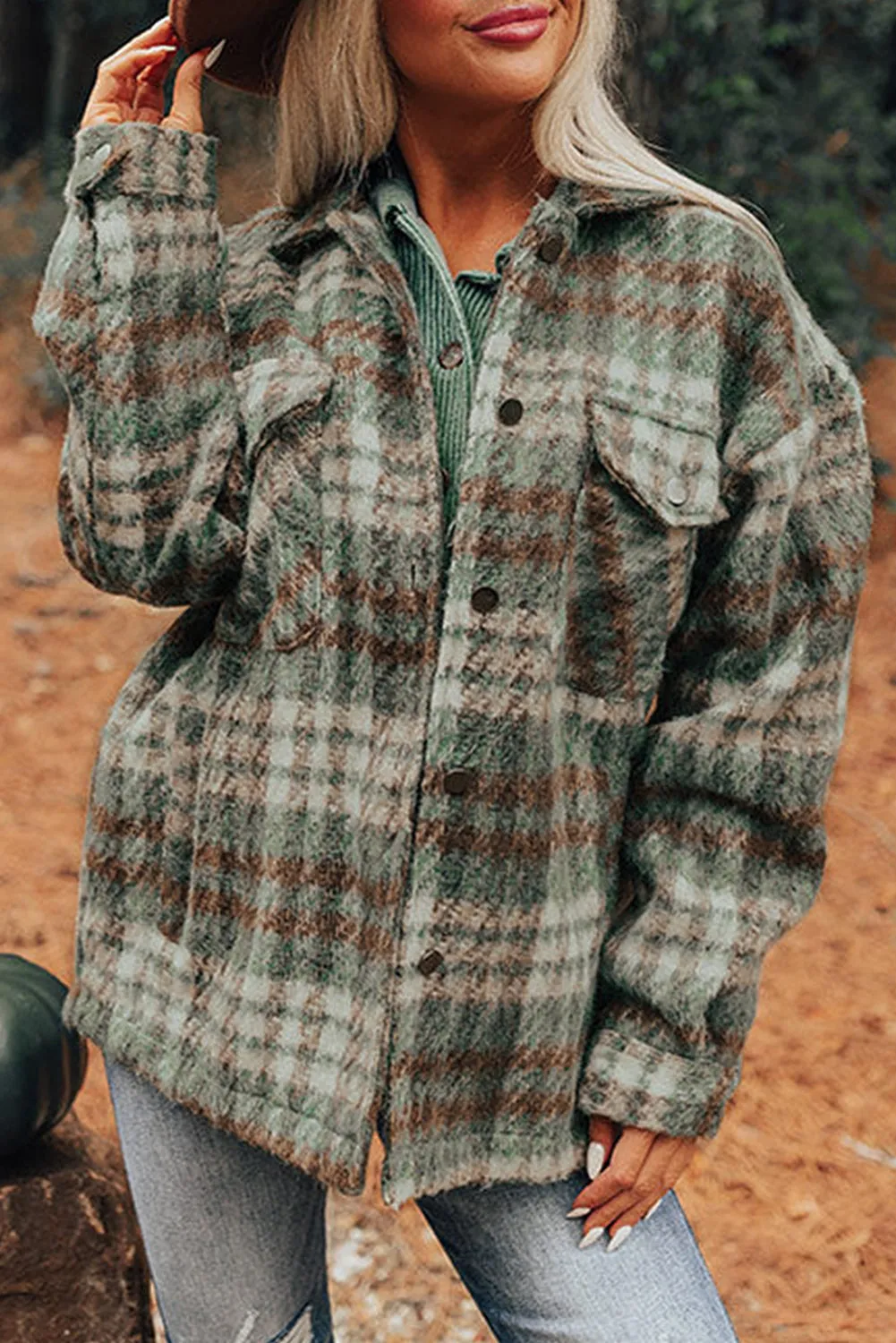 Cinnamon Plaid Print Chest Pockets Turn Down Collar Shacket