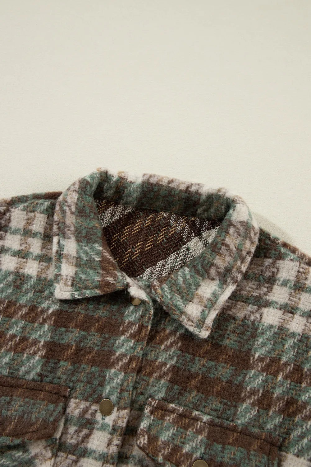 Cinnamon Plaid Print Chest Pockets Turn Down Collar Shacket