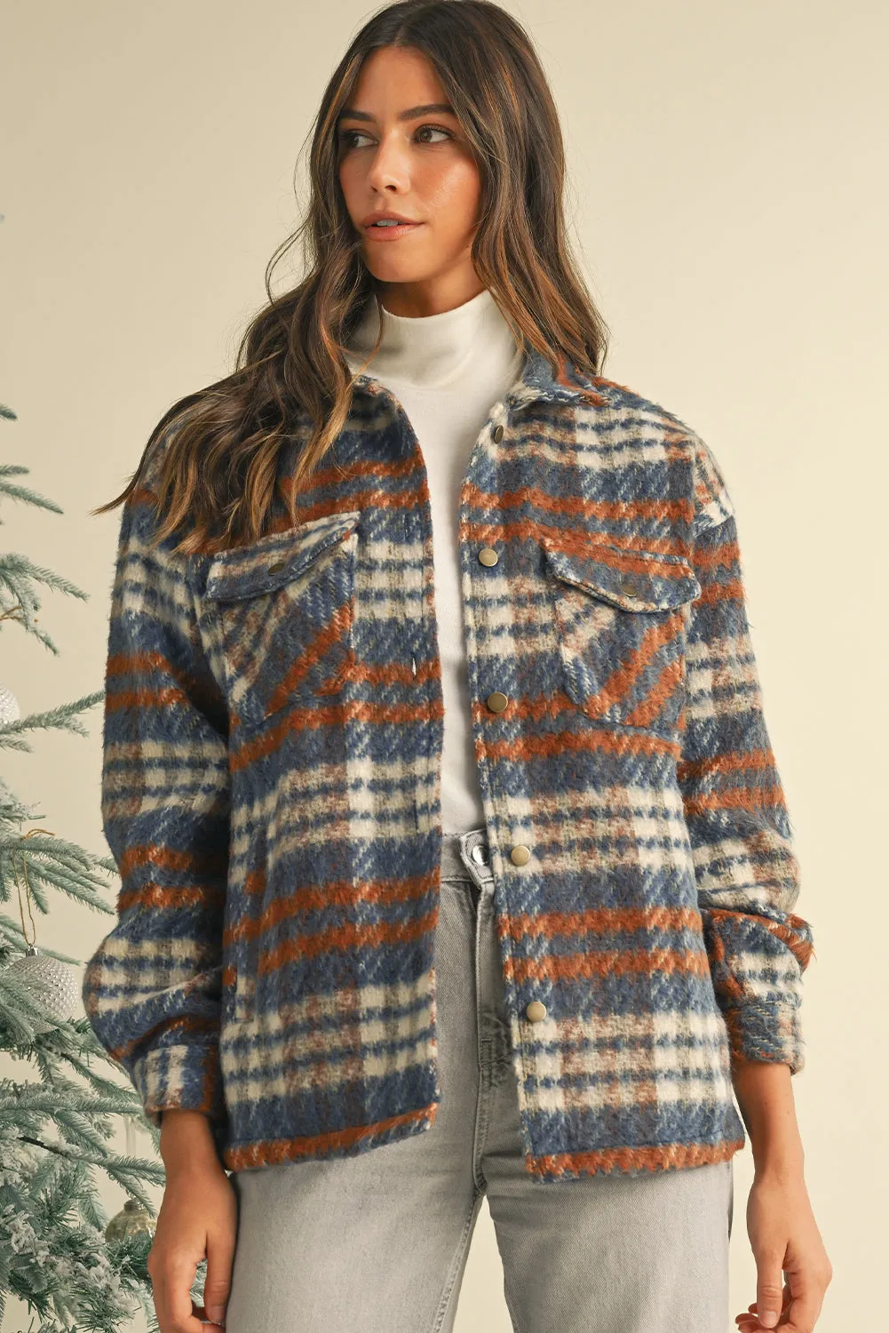 Cinnamon Plaid Print Chest Pockets Turn Down Collar Shacket