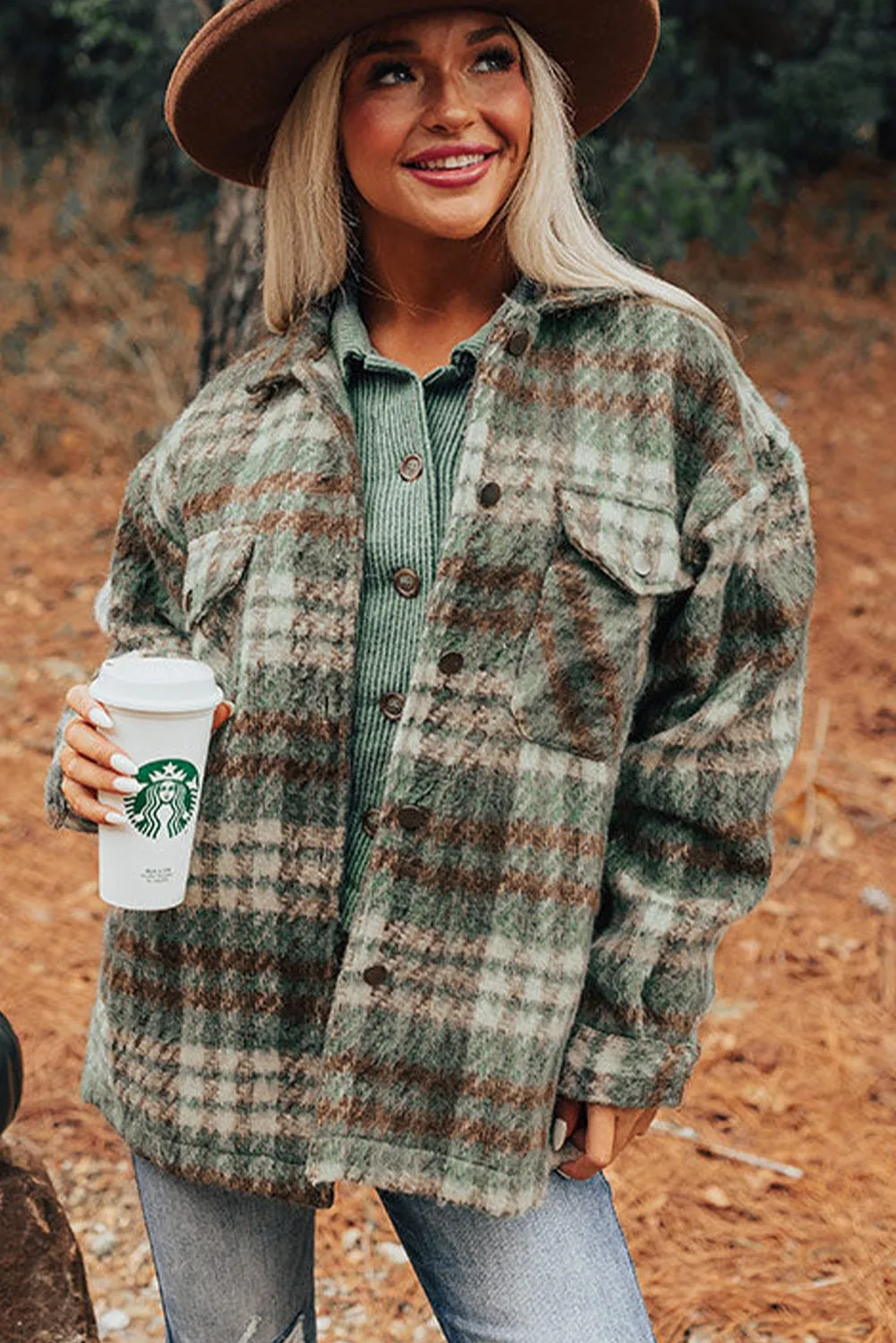 Cinnamon Plaid Print Chest Pockets Turn Down Collar Shacket