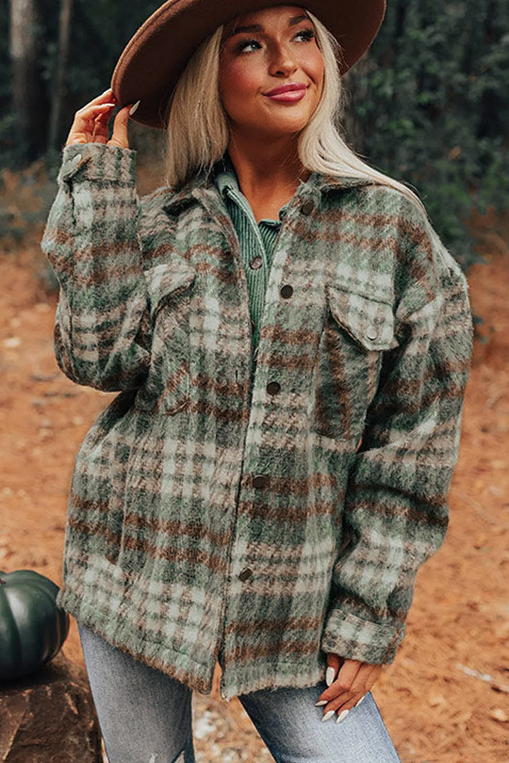 Cinnamon Plaid Print Chest Pockets Turn Down Collar Shacket