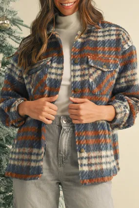 Cinnamon Plaid Print Chest Pockets Turn Down Collar Shacket