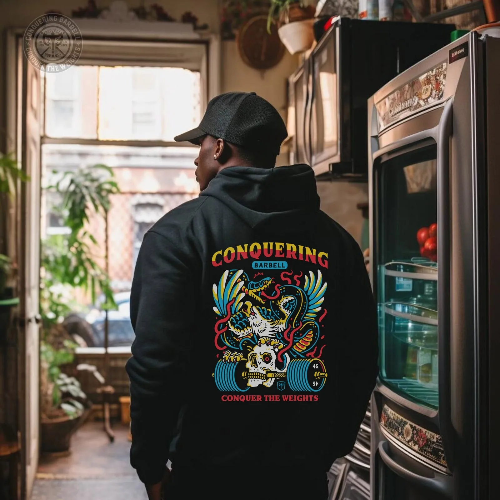 Conquer the Weights - Air Raid - on Black Pullover Hoodie