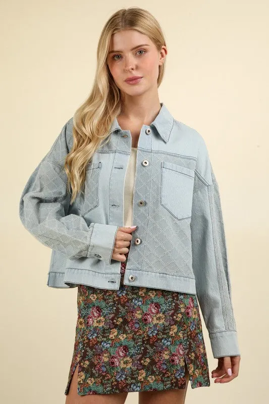 Contrast Fabric Oversized Denim Jacket Shacket