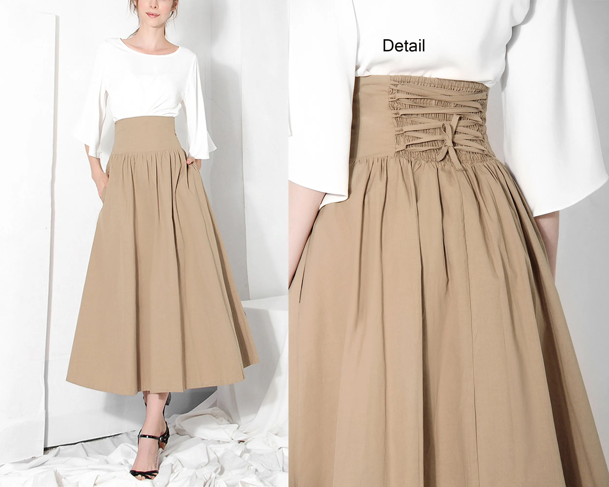 Cotton skirt women/A-line skirt/Women Midi skirt/summer skirt/elastic waist skirt/long skirt/skirt with pockets L0066