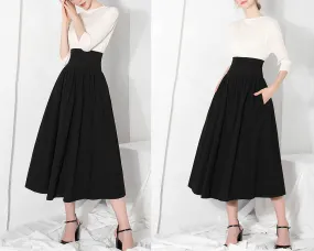 Cotton skirt women/A-line skirt/Women Midi skirt/summer skirt/elastic waist skirt/long skirt/skirt with pockets L0066