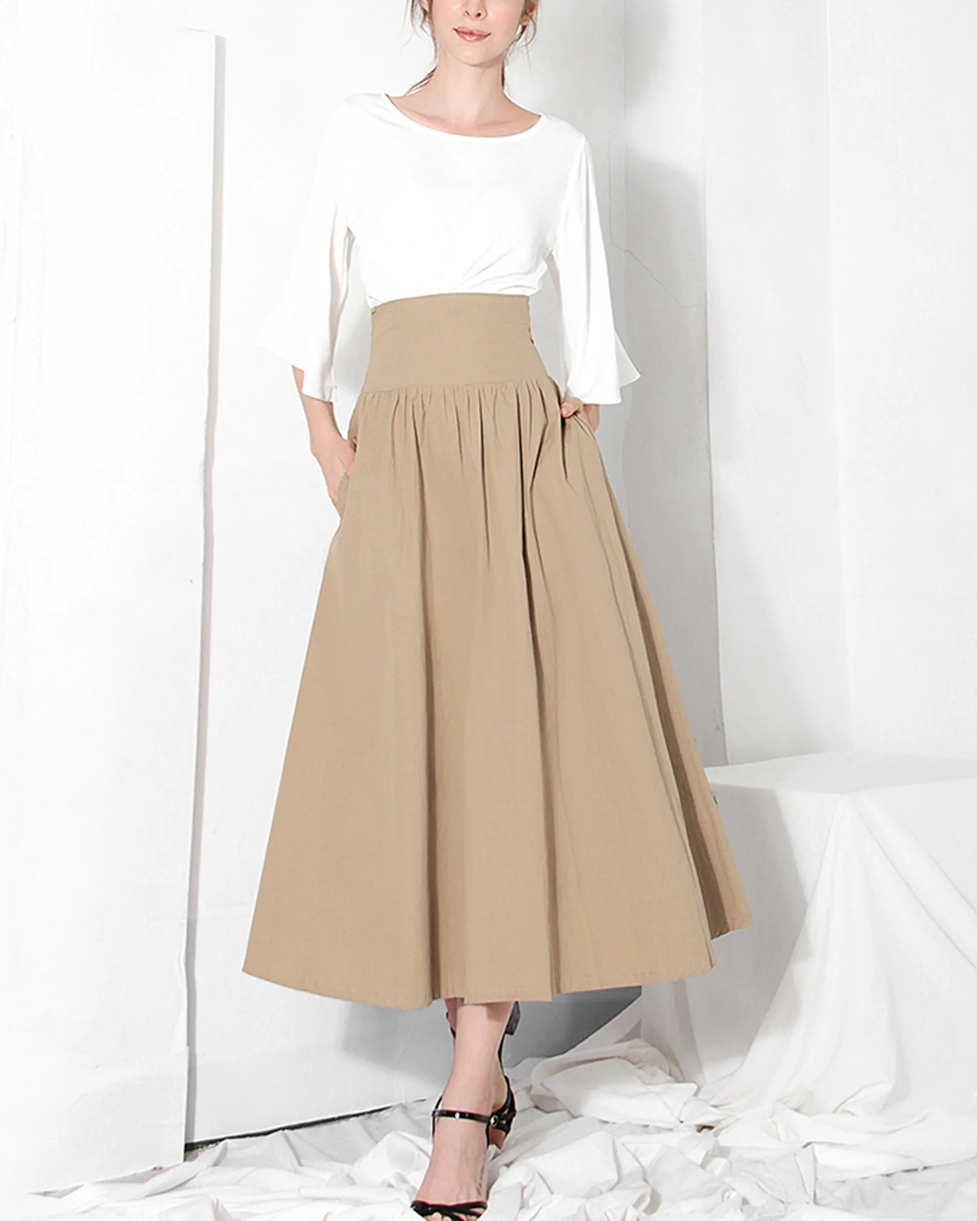 Cotton skirt women/A-line skirt/Women Midi skirt/summer skirt/elastic waist skirt/long skirt/skirt with pockets L0066